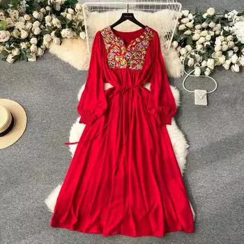 Свободное длинное платье с цветочной вышивкой, женское элегантное женское платье с v-образным вырезом и длинным рукавом, повседневное облегающее платье на осень и отпуск One Size красный