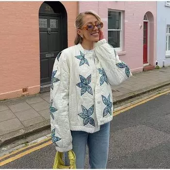 Свободное хлопковое пальто с круглым вырезом, женская мода, стеганая куртка-бомбер с цветочным принтом и звездами, длинный рукав, хлопковая куртка большого размера, осенняя верхняя одежда S