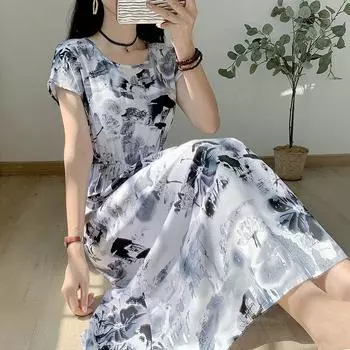 Свободное и обтягивающее хлопково-шелковое платье с короткими рукавами для летней пижамной юбки с цветочным принтом M