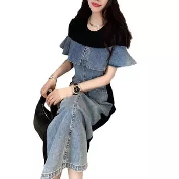 Свободное и тонкое платье женское летнее платье 2024 года новые товары средняя и длинная ретро-юбка из денима с оборками S синий