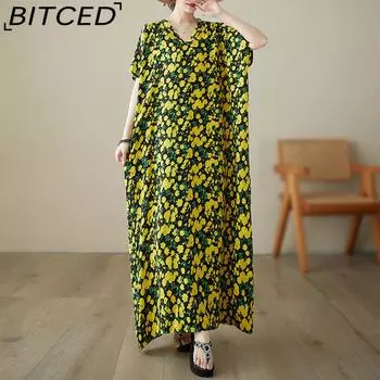 Свободное летнее новое литературное хлопковое шелковое свободное платье с v-образным вырезом, длинный халат, удобное длинное платье One Size жёлтый