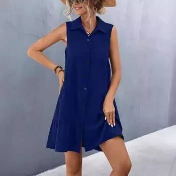 Свободное летнее платье без рукавов, женская мода, элегантное однобортное платье с лацканами и рюшами, повседневные вечерние платья трапециевидной формы, женское однобортное платье 808 S чёрный