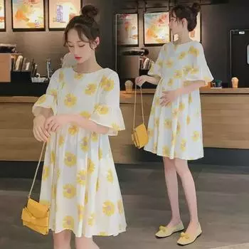 Свободное летнее платье для беременных в корейском стиле - с короткими рукавами, большого размера, скрывающее живот, стильная юбка для мам XXXL