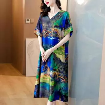 Свободное летнее платье для мам среднего возраста с винтажным принтом для женщин L