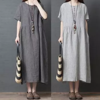 Свободное модное полосатое хлопковое льняное платье с круглым вырезом и короткими рукавами для женщин, летние платья средней длины M темно-серого