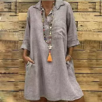 Свободное однотонное платье из хлопка и льна с рукавами семь четвертей S чёрный