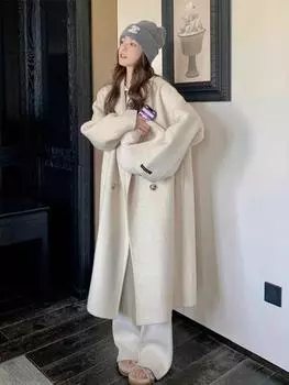Свободное овсяное модное кашемировое пальто женское осень-зима 2024 корейская мода шерстяное пальто выше колена M