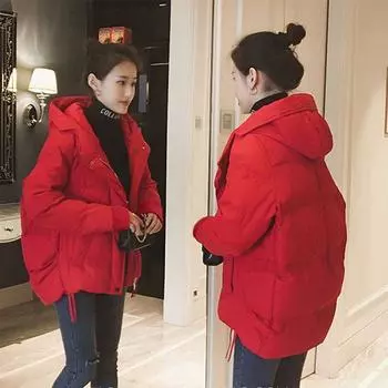 Свободное пальто с капюшоном для женщин, зимняя короткая утолщенная хлопковая куртка, свободная одежда M красный