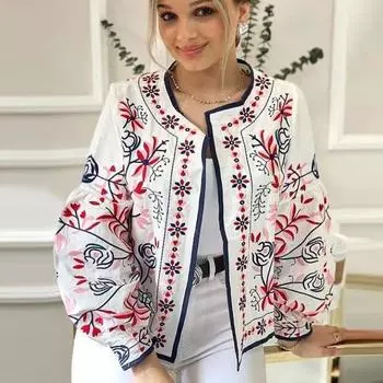 Свободное пальто с принтом для женщин в стиле ретро, этническом стиле, с круглым вырезом и длинным рукавом, тонкая куртка на молнии, панельный дизайн, новая мода, ранняя осень S белый