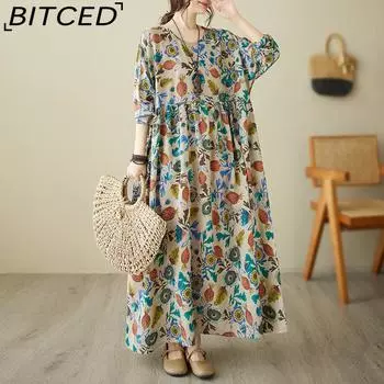 Свободное платье больших размеров из хлопка и льна с круглым вырезом и принтом в праздничном стиле, женское с длинными рукавами One Size коричневый