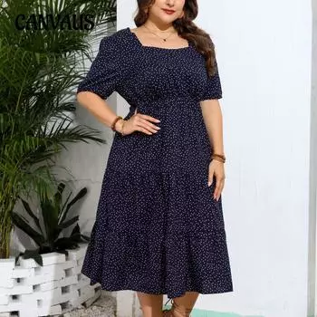 Свободное платье больших размеров, летние женские длинные платья трапециевидной формы с квадратным вырезом 1XL синий