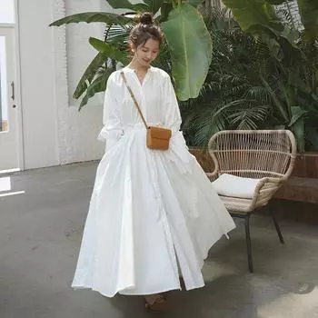 Свободное платье больших размеров, осеннее женское, новый стиль, рукава-фонарики, удлиненная талия и колено, платье-рубашка с юбкой большого размера S белый