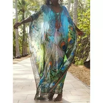 Свободное платье большого размера с принтом павлина, пляжное платье макси с короткими рукавами для отпуска, женская одежда One-size