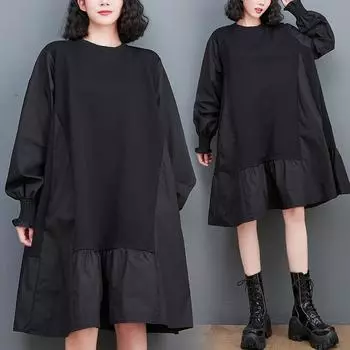 Свободное платье большого размера с круглым вырезом, средней длины, с длинным рукавом, с капюшоном, однотонное платье в женском стиле, весенние корейские женские платья One Size чёрный
