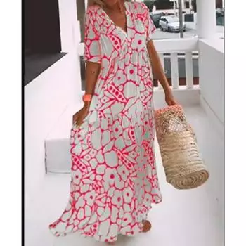 Свободное платье макси, летние женские платья с цветочным принтом, короткими рукавами и v-образным вырезом, длинные платья S зелёный