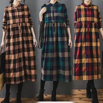 Свободное платье миди из хлопка и льна в клетку в стиле ретро 2023 года с длинными рукавами XL