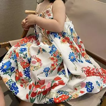 Свободное платье на бретельках для девочек Платье-пачка для девочек Пляжное платье с принтом 90