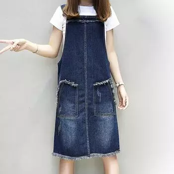 Свободное платье Платье больших размеров Платье средней длины на бретелях Модное джинсовое платье без рукавов с карманами 5XL синий