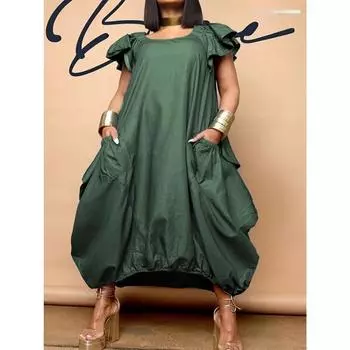 Свободное платье, повседневное платье с круглым вырезом, женский богемный сарафан с карманами, летний вечерний наряд, элегантный сарафан, халат Femme XXXXXL синий