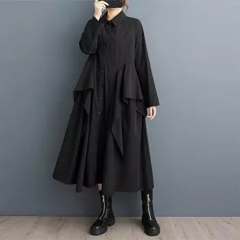 Свободное платье-рубашка большого размера с простым принтом и длинными рукавами, с оборками One Size чёрный