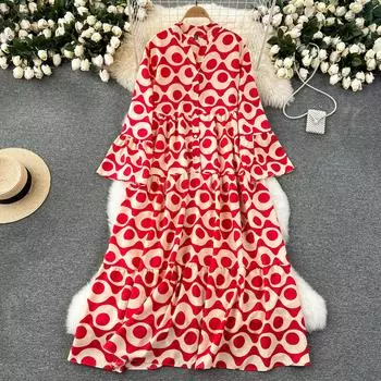 Свободное платье-рубашка с цветочным принтом и расклешенными рукавами для женщин, весна/лето, новые длинные платья трапециевидной формы для отпуска, темперамента и отдыха One Size чёрный