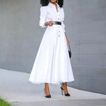 Свободное платье-рубашка с длинным рукавом 2025 года, модные женские винтажные однотонные платья OL для офиса, сексуальное, с разрезом, для вечеринок, длинное M чёрный