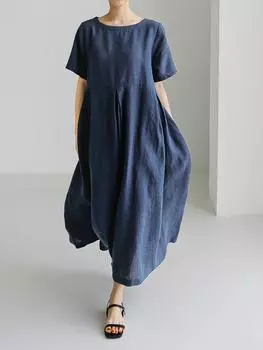 Свободное платье с круглым вырезом и карманом, повседневное однотонное простое универсальное платье с коротким рукавом для весны и лета, женская одежда S зелёный