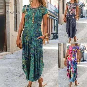 Свободное платье с круглым вырезом, женское винтажное платье с цветочным принтом L фиолетовый