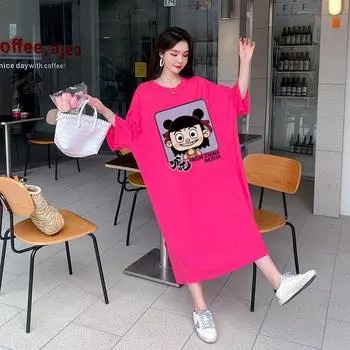 Свободное платье с принтом из мультфильмов и большими размерами, женское платье с коротким рукавом, длинное выше колена M белый