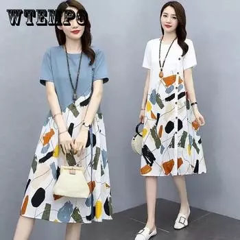 Свободное платье со сломанным цветком, женское свободное платье для похудения живота, повседневная юбка трапециевидной формы, женское платье с круглым вырезом и короткими рукавами, цветочное платье XXXL