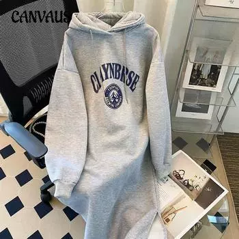 Свободное платье-свитшот Женское осенне-зимнее платье больших размеров с разрезом и длинным рукавом Повседневное платье с капюшоном One Size светло-серый