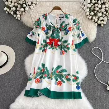 Свободное платье трапециевидной формы с короткими рукавами и принтом французской богини, кукольный воротник, галстук-бабочка и принт