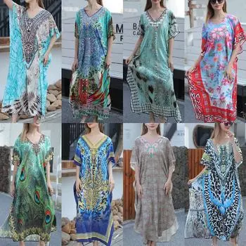 Свободное пляжное платье с принтом зеленых перьев и накидка для бикини Mermaid 01; One Size