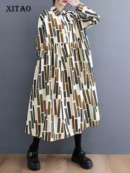 Свободное повседневное платье с длинными рукавами и принтом XITAO DMJ2495 One Size зелёный