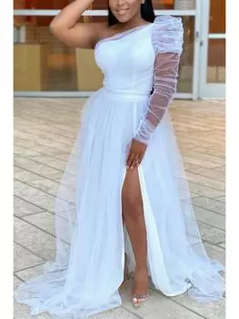 «Свободное сетчатое платье-трапеция 2021 года, весна/лето, большие размеры» 3XL светло-синий