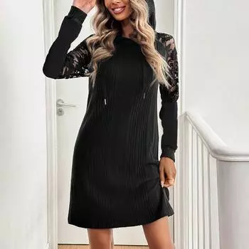Свободное сексуальное платье для женщин, повседневное платье-пуловер с капюшоном, корейская мода, женское элегантное черное короткое платье S чёрный