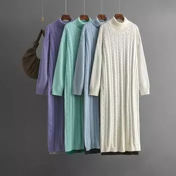 Свободное толстое трикотажное платье для женщин, осень-зима, с длинным рукавом, водолазка, женские повседневные базовые платья в тон One Size абрикосовый