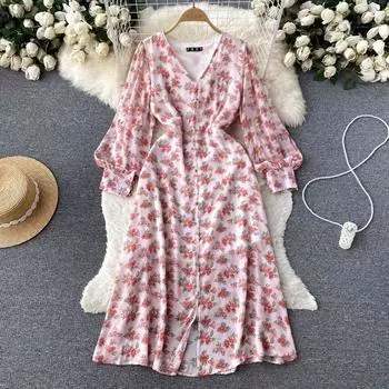 Свободное тонкое платье феи с цветочным принтом в Корейском стиле, свободное тонкое платье феи с v-образным вырезом и рукавами-пузырьками First Love