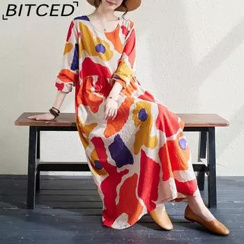 Свободное тонкое платье с круглым вырезом и длинными рукавами для женщин M красный