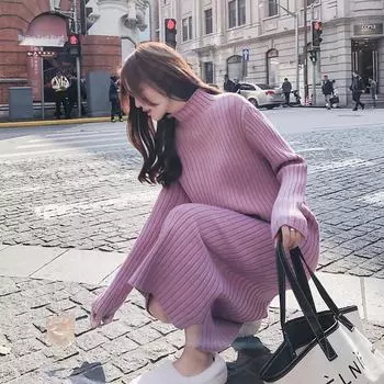 Свободное трикотажное платье-свитер длиной выше колена в корейском стиле 2024 года: Утолщенная модель средней длины для осени/зимы M абрикосовый