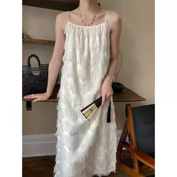 Свободное утягивающее платье с бретелькой на бретельках Design Sense с бахромой и перьями, нежное качество воздуха M белый