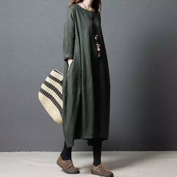 Свободное утягивающее платье средней длины с длинными рукавами и круглым вырезом M красный