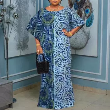 Свободное женское платье макси с круглым вырезом и рукавами «летучая мышь» с цветочным принтом M зелёный