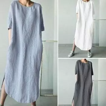 Свободное женское платье-рубашка миди свободного покроя, летнее, с круглым вырезом и коротким рукавом, однотонное, из хлопка и льна, пляжная одежда, песочные платья для вечеринок XXXXXL белый