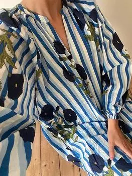 Свободное женское платье с цветочным принтом в полоску с длинным рукавом и V-образным вырезом, макси-платья, женское весеннее модное элегантное женское платье S синий