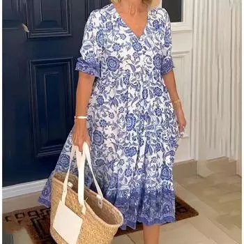 Свободное женское платье с цветочным принтом и V-образным вырезом, рукавом до локтя, средней талией, платья больших размеров, темперамент, повседневные, повседневные, летние, новые модные S розовый