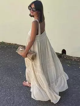 Свободное женское платье с длинным квадратным воротником и открытой спиной, летние каникулы, женский халат для пляжной вечеринки S бежевый