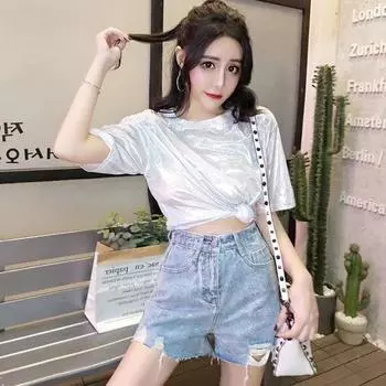 Свободные блестящие стильные яркие летние женские корейские женские блестящие футболки, базовые футболки, уличные топы L белый