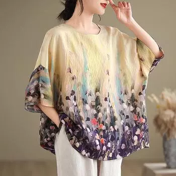 Свободные блузки больших размеров летние из конопли и хлопка в этническом стиле с рукавами летучая мышь, корейская футболка с круглым вырезом для женщин One Size жёлтый