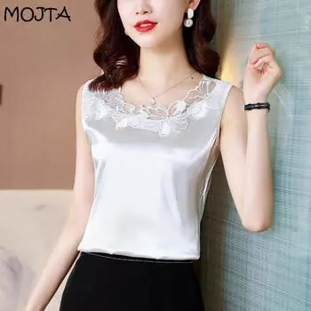 Свободные блузки с вышивкой, атласная блузка, шелковые женские блузки, рубашки больших размеров, женская кружевная рубашка, эластичный топ M белый